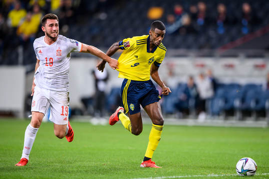 Aymeric Laporte of Spain against Alexander Isak of Sweden