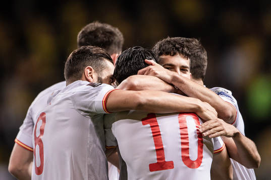 Carlos Soler of Spain celebrate the 0-1 goal with Jordi Alba
