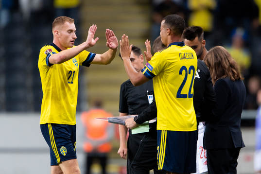 Dejan Kulusevski of Sweden is substituted by Robin Quaison