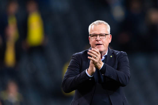 Head coach Janne Andersson of Sweden celebrates