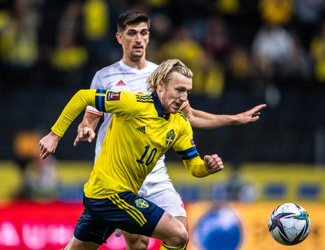 Emil Forsberg of Sweden and Gerard Moreno of Spain