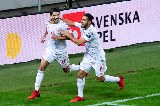 of Spain Carlos Soler and Koke celebrate the 0-1 goal