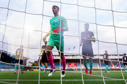 Goalkeeper Niklas Hedl and Flavius Daniliuc of Austria look