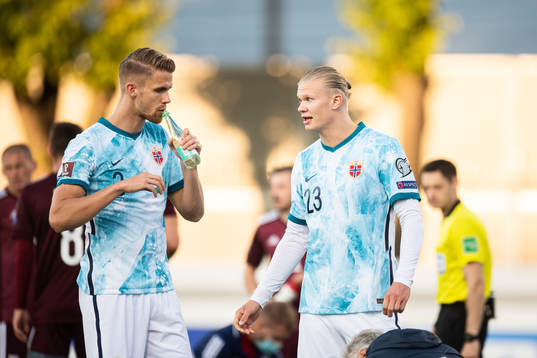 Kristoffer Ajer and Erling Braut Haaland of Norway