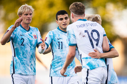 Morten Thorsby and Mohamed Elyounoussi of Norway celebrate