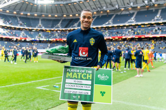 Robin Quaison of Sweden is awarded player of the match