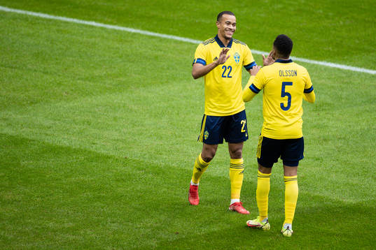 Robin Quaison and Martin Olsson of Sweden celebrates