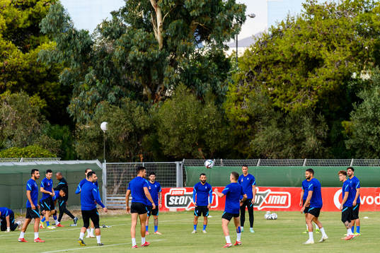 Players of the Greek national football team warm  up