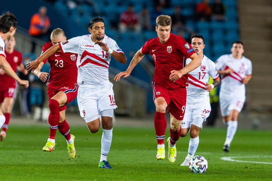 Aymen Mouelhi of Gibraltar and Alexander Sørloth of Norway