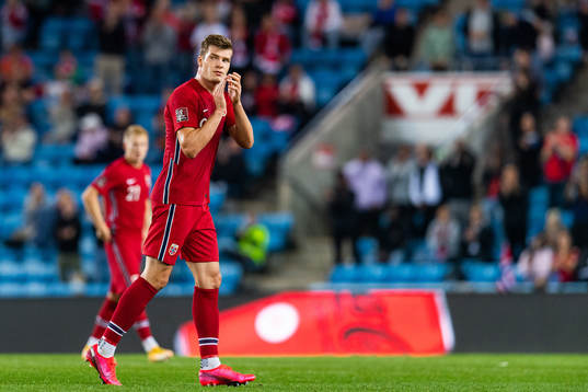 Alexander Sørloth of Norway recognizes the audience