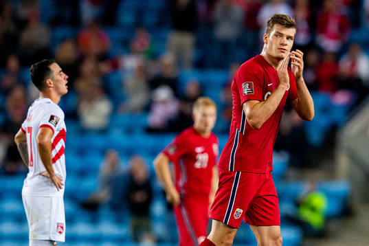 Alexander Sørloth of Norway recognizes the audience