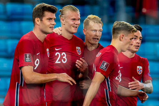 Erling Braut Haaland of Norway celebrates with teammates