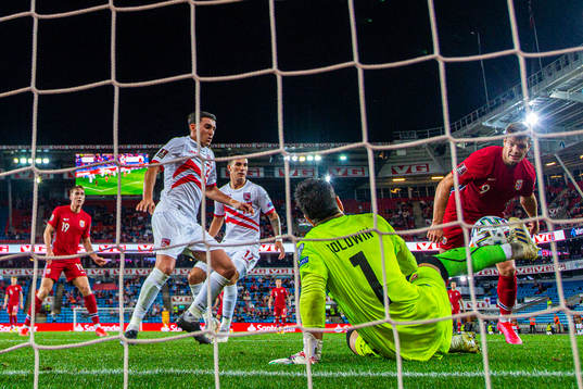 Alexander Sørloth of Norway sees his attempt being saved