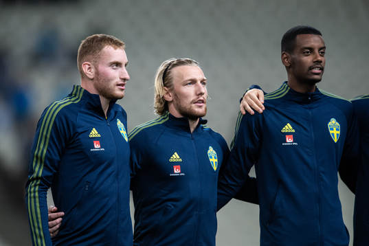 Dejan Kulusevski, Emil Forsberg and Alexander Isak of Sweden