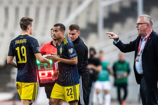 Mattias Svanberg and Robin Quaison of Sweden