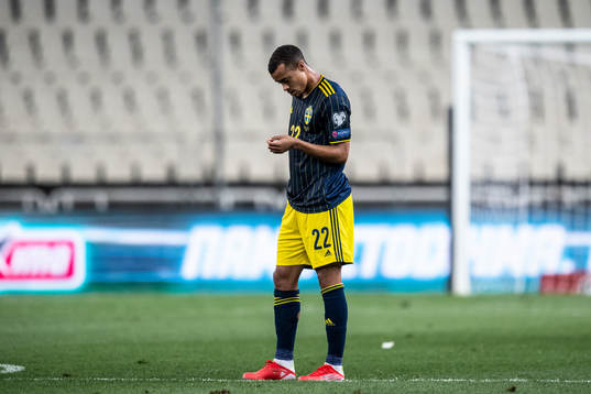 Robin Quaison of Sweden looks dejected