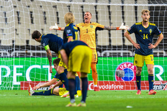 Goalkeeper Robin Olsen of Sweden reacts