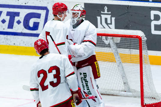 Modos Kevin Arvidsson och målvakt Isak Wallin