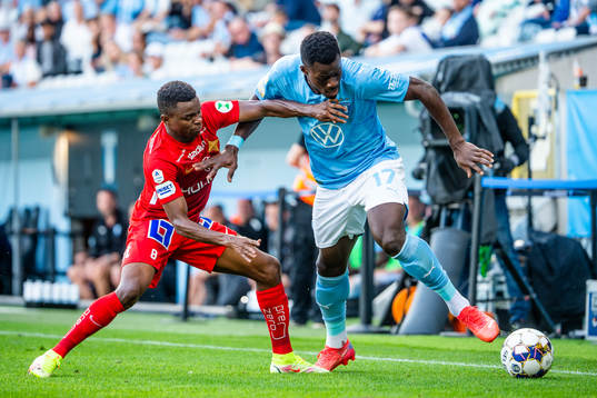 Malmö FFs Malik Abubakari mot IFK Norrköpings Abdulrazaq