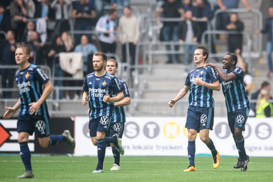 Djurgårdens Hjalmar Ekdal och Joel Asoro jublar