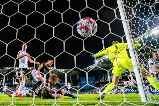 Stefano Vecchia of Rosenborg scores the 3-2 goal