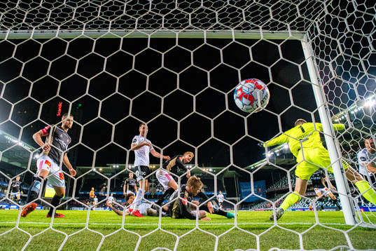 Stefano Vecchia of Rosenborg scores the 3-2 goal