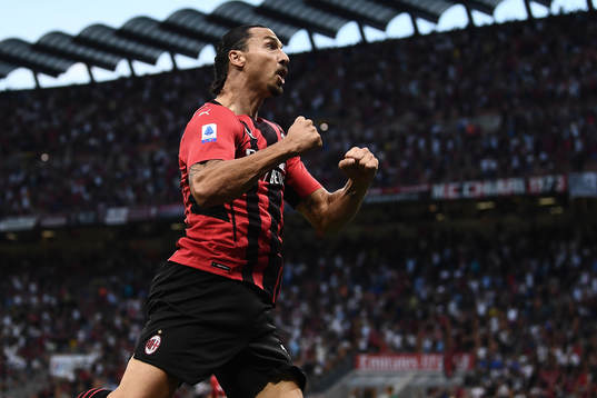 Zlatan Ibrahimovic of Milan celebrates scoring 2-0