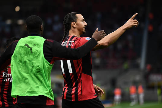 Zlatan Ibrahimovic of Milan celebrates scoring 2-0
