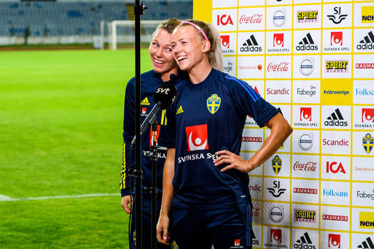Goalkeeper Jennifer Falk and Hanna Glas of the Swedish