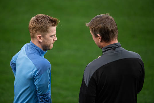 Anders Christiansen and Jon Dahl Tomasson, head coach of