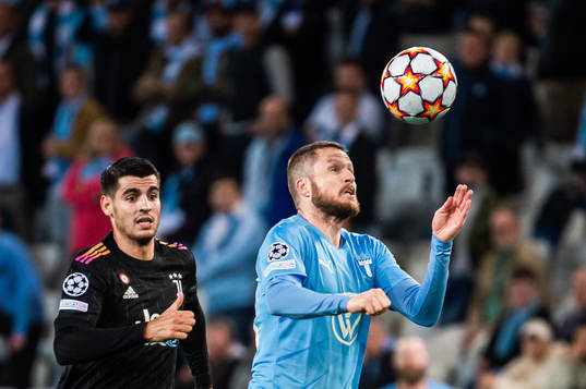 Alvaro Morata of Juventus and Lasse Nielsen of Malmö FF