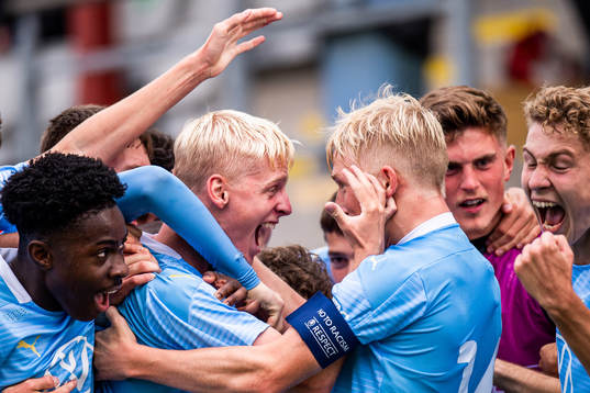 Emil Lindman of Malmö FF celebrate with teammates
