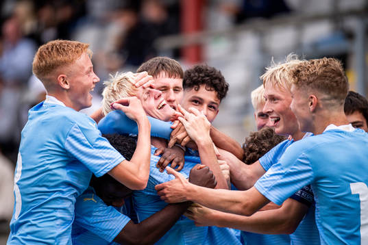 Emil Lindman of Malmö FF celebrate with teammates