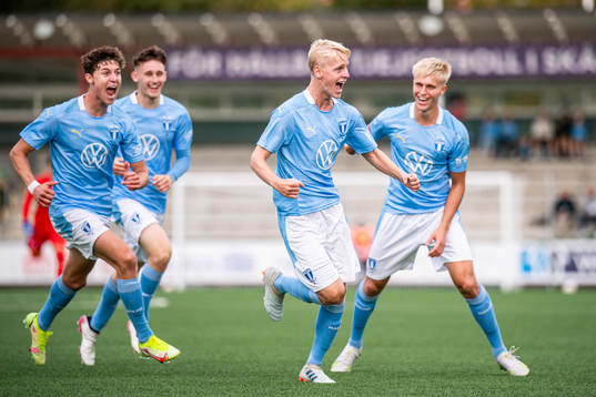 Emil Lindman of Malmö FF celebrate with teammates