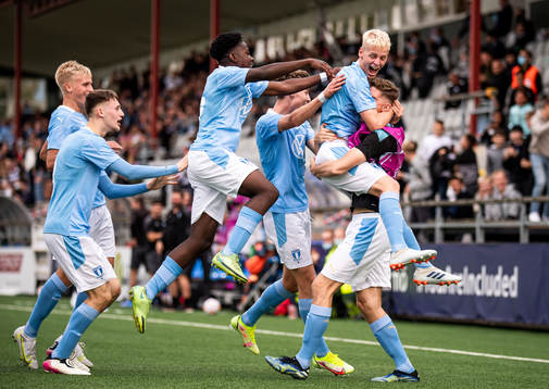 Emil Lindman of Malmö FF celebrate with teammates
