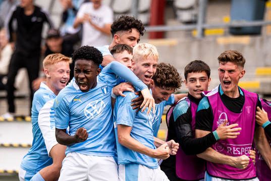 Emil Lindman of Malmö FF celebrate with teammates