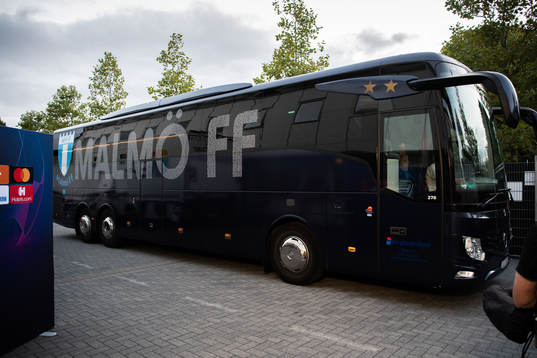 The player buss of Malmö FF arrive at the UEFA Champions
