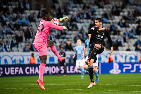 Goalkeeper Ismael Diawara of Malmö FF and Alvaro Morata of