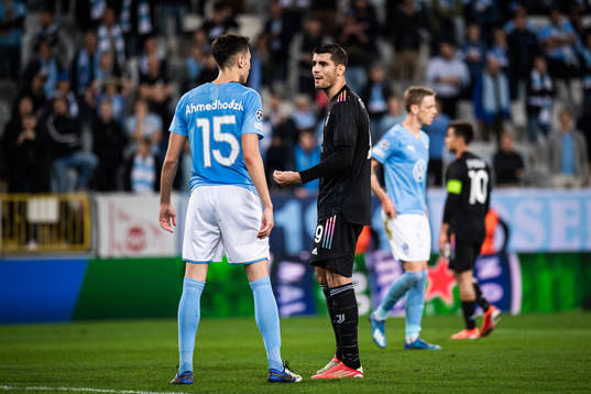 Anel Ahmedhodzic of Malmö FF and Alvaro Morata of Juventus