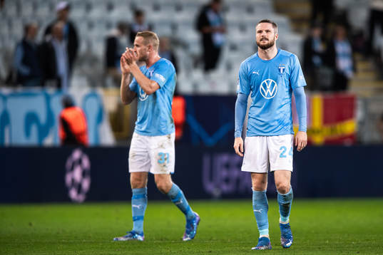 Franz Brorsson and Lasse Nielsen of Malmö FF look dejected