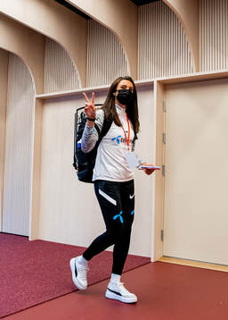 Ingrid Syrstad Engen of Norway arrives wearing a face mask