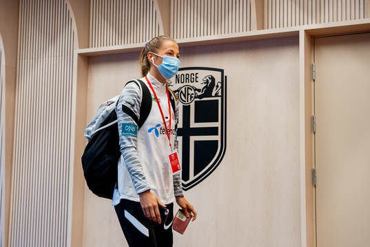 Goalkeeper Cecilie Fiskerstrand of Norway arrives wearing a