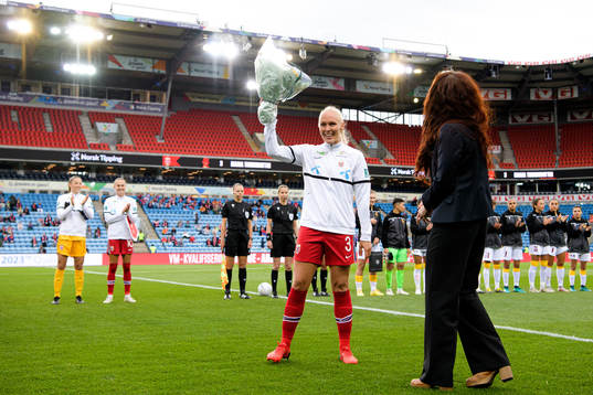 Maria Thorisdottir of Norway receives flowers from Lise