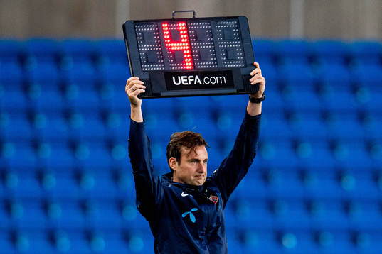 Roger Eskeland, goalkeeper coach of Norway, holds up a