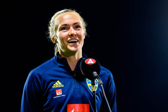 Magdalena Eriksson of Sweden is interviewed by the media
