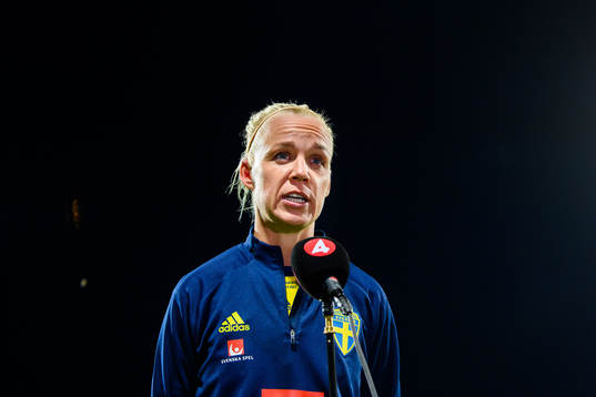 Caroline Seger of Sweden is interviewed by the media