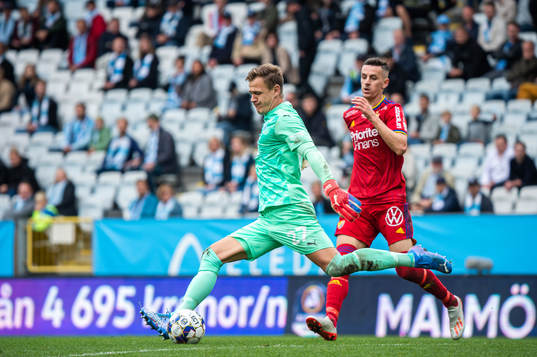 Malmö FFs målvakt Johan Dahlin och Djurgårdens Haris