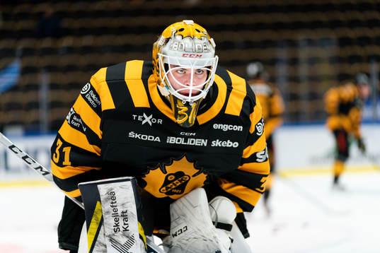 Skellefteås målvakt Strauss Mann före ishockeymatchen i