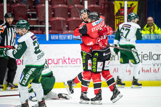 Malmö Redhawks Carl Söderberg och Marcus Sylvegård jublar