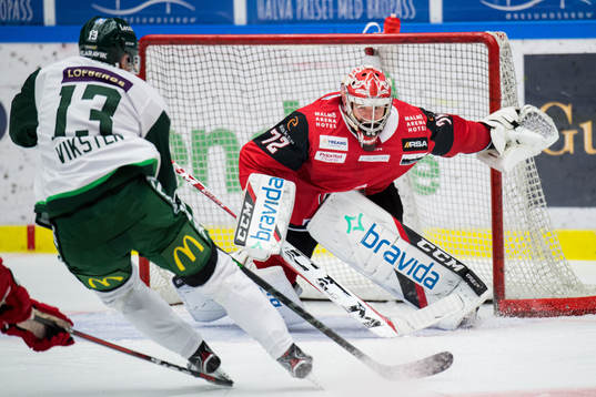 Färjestads Daniel Viksten mot Malmö Redhawks målvakt